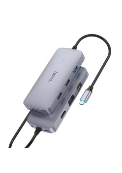 Hoco - Docking Station Easy 10in1 (HB33) - Type-C to USB3.0, 2xUSB2.0, HDMI, RJ45, SD/TF Card, Type-C, VGA, Aux - Metal Gray