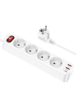 Prelungitor 2xUSB-A 18W, 4xShuko, Type-C PD20W, 3A, 1.8m - Hoco Aura (NS1) - White