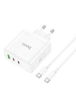 Incarcator pentru Priza GaN, Fast Charging, USB, 2x Type-C, 65W + Cablu Type-C - Hoco Glory (N30) - White