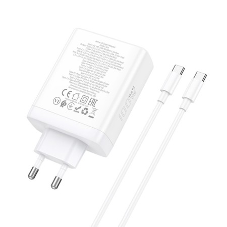 Incarcator pentru Priza USB, 3x Type-C, Fast Charging, 100W + Cablu Type-C - Hoco Leader (N31) - White