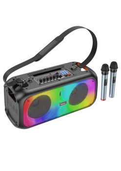Boxa Wireless BT 5.1, Card TF, USB, AUX, FM, Doua Microfoane, Lumini RGB, 30W - Hoco Party (BS54) - Black