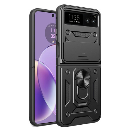 Husa telefon compatibila Motorola Razr 40, Slide & Snap Premium, Magnetic Ring Holder, Negru