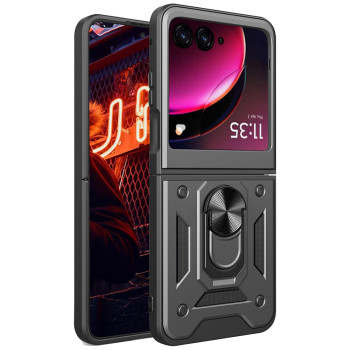 Husa telefon compatibila Motorola Razr 40 Ultra, Slide & Snap Premium, Magnetic Ring Holder, Negru