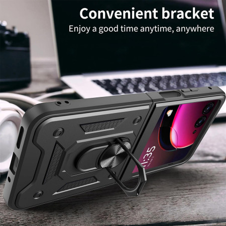 Husa telefon compatibila Motorola Razr 40 Ultra, Slide & Snap Premium, Magnetic Ring Holder, Negru