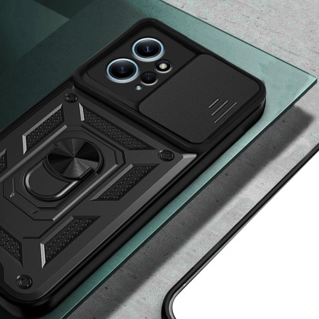 Husa telefon compatibila Xiaomi Redmi Note 12 4G, Slide & Snap Premium, Magnetic Ring Holder, Negru
