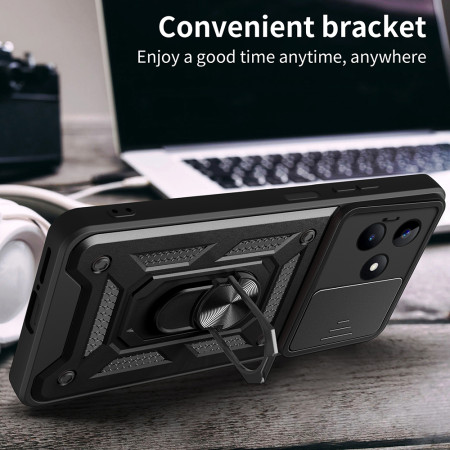 Husa telefon compatibila Realme C53, Slide & Snap Premium, Magnetic Ring Holder, PopGrip, Anti-Shock, Negru