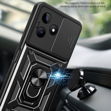 Husa telefon compatibila Realme C53, Slide & Snap Premium, Magnetic Ring Holder, PopGrip, Anti-Shock, Negru