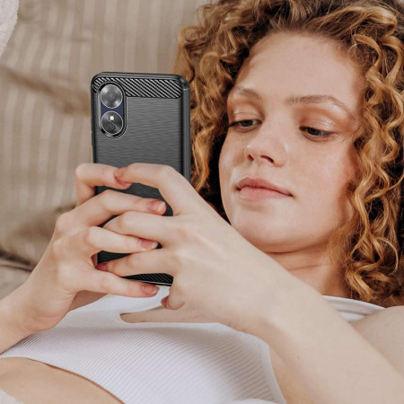 Husa Carbon compatibila Oppo A17, Tech AntiSoc, Negru